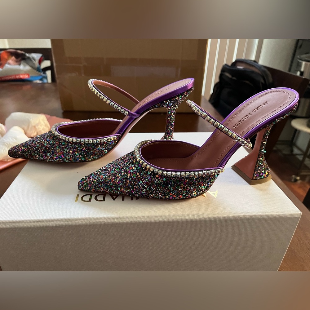 New Amina Muaddi Gilda Mule Glitter pumps